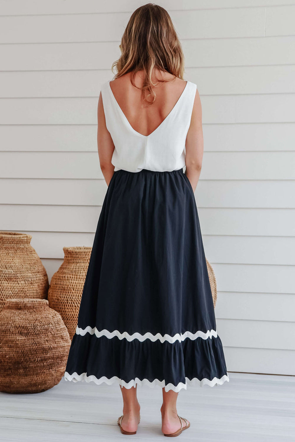 Black Ricrac Trim Colorblock High Waist Long Skirt Bottoms JT's Designer Fashion