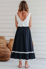 Black Ricrac Trim Colorblock High Waist Long Skirt Bottoms JT's Designer Fashion