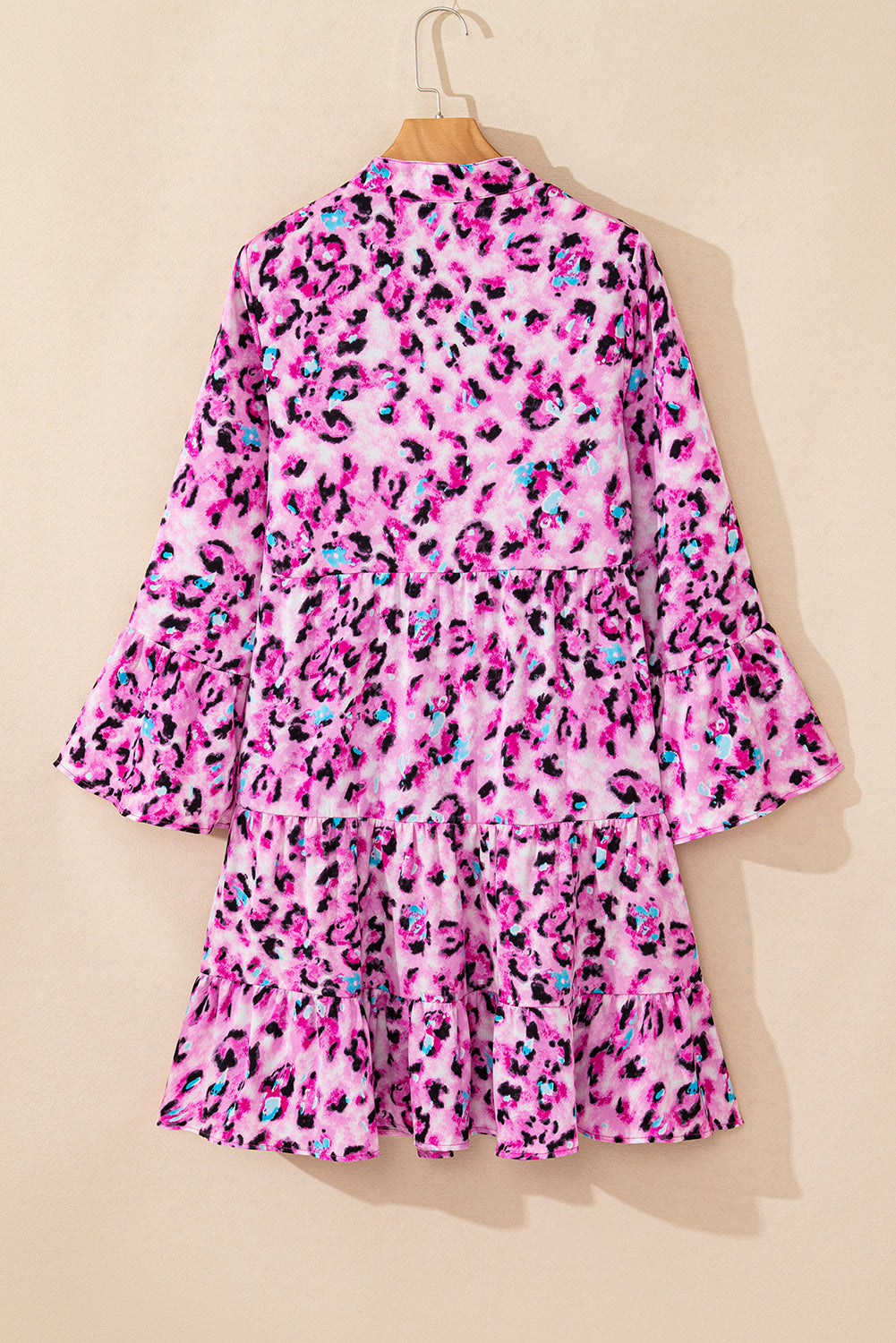 Rose Leopard Print Buttoned Front 3/4 Sleeve Tiered Ruffled Hem Dress Mini Dresses JT's Designer Fashion