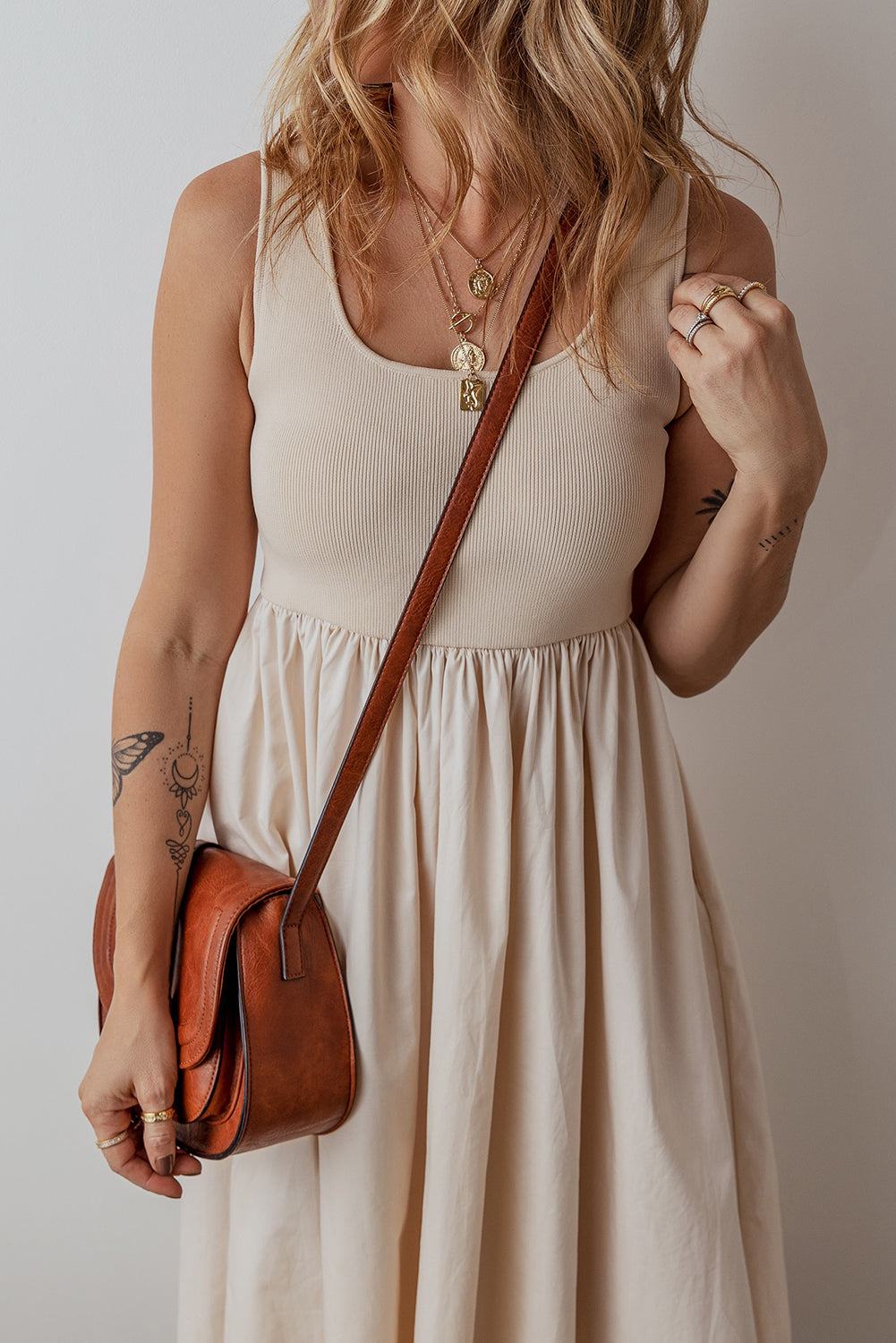 Beige Scoop Neck Ribbed Bodice Pleated Sleeveless Long Dress Maxi Dresses JT's Designer Fashion