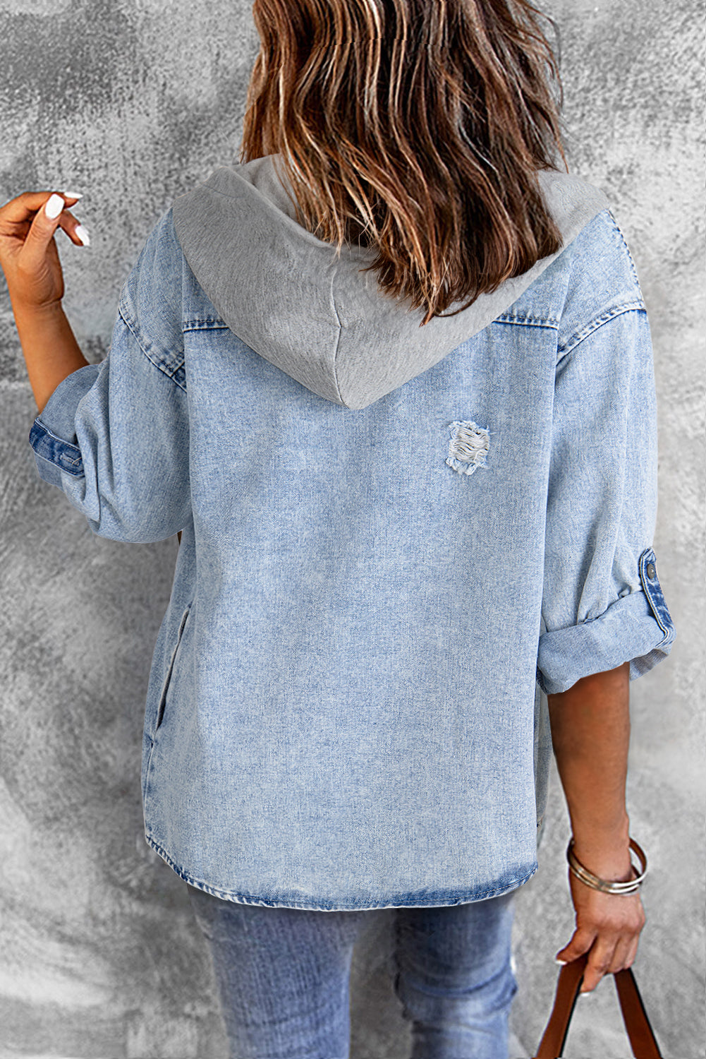 Mist Blue Oversized Contrast Hooded Denim Jacket Denim Jackets JT's Designer Fashion