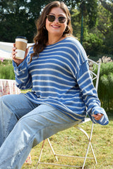 Sky Blue Stripe Drop Shoulder O Neck Plus Size Sweater Plus Size Sweaters & Cardigans JT's Designer Fashion