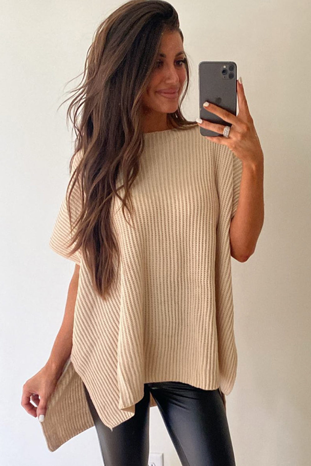 Apricot Short Sleeve Side Slit Oversized Sweater Sweaters & Cardigans JT's Designer Fashion