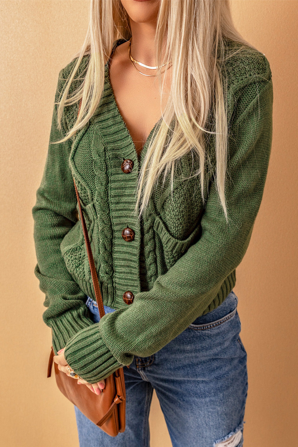Green Front Pockets Buttons Textured Cardigan Sweaters & Cardigans JT's Designer Fashion