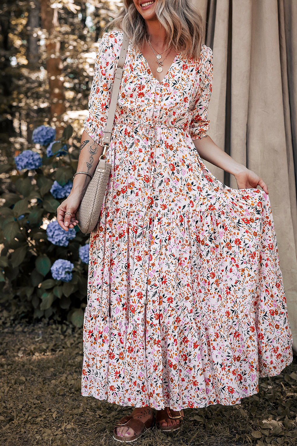Red Boho Half Sleeve Floral V Neck Maxi Dress Red 100%Viscose Floral Dresses JT's Designer Fashion