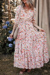 Red Boho Half Sleeve Floral V Neck Maxi Dress Red 100%Viscose Floral Dresses JT's Designer Fashion