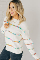 White Colorful Crossed Stitch Drop Shoulder Sweater Sweaters JT's Designer Fashion