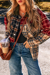 Red Mixed Plaid Patchwork Retro Shacket Red 100%Polyester Plaid Shackets JT's Designer Fashion