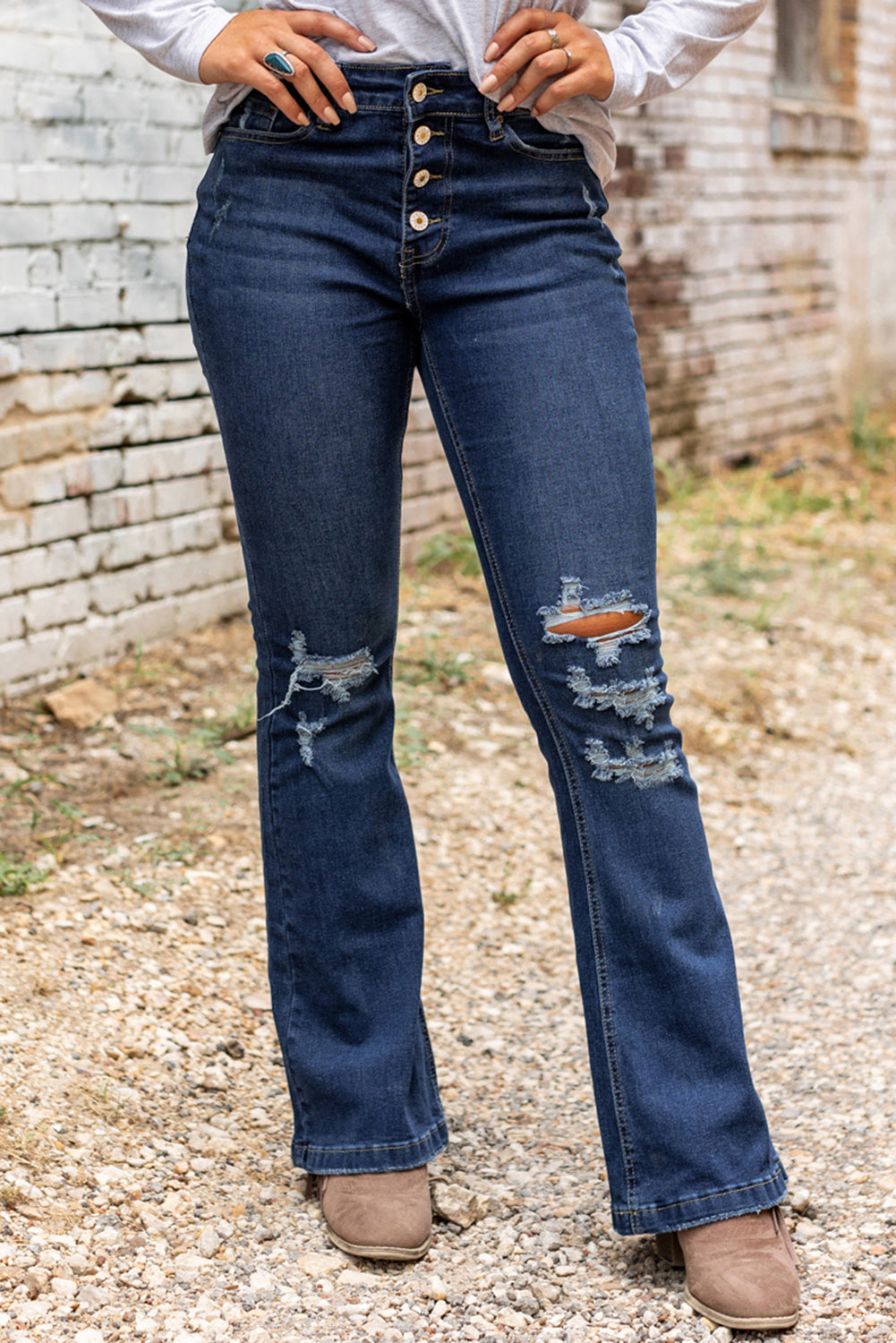 Dark Washed Distressed Flare Bottom Jeans Blue 68%Cotton+30%Polyester+2%Elastane Jeans JT's Designer Fashion
