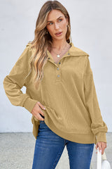 Simply Taupe Solid Ribbed Knit Buttoned Drop Shoulder Oversized Hoodie Sweatshirts & Hoodies JT's Designer Fashion