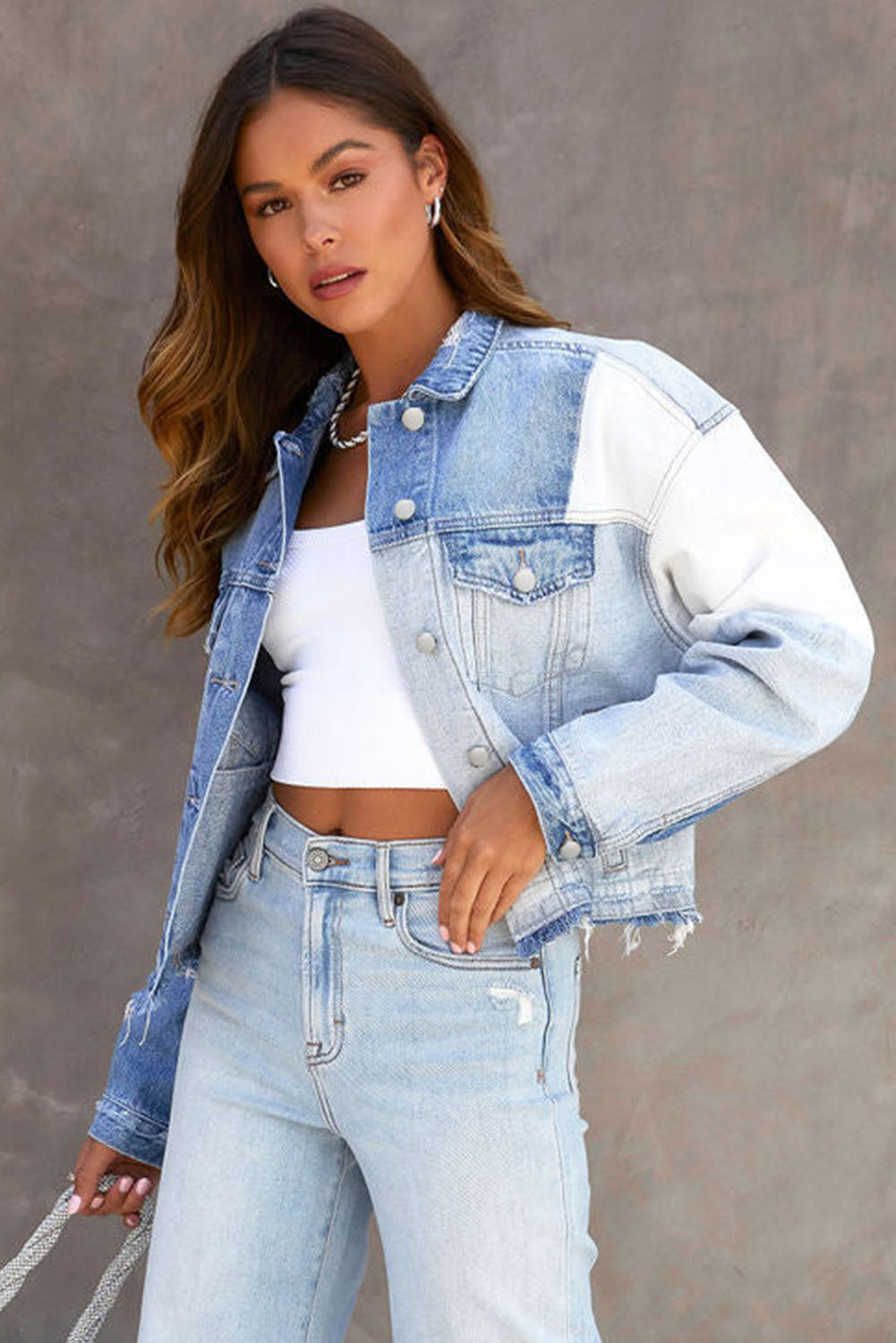 Sky Blue Color Block Denim Patchwork Frayed Hem Jacket Denim Jackets JT's Designer Fashion