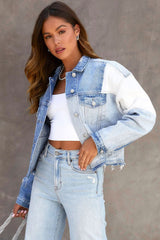 Sky Blue Color Block Denim Patchwork Frayed Hem Jacket Denim Jackets JT's Designer Fashion