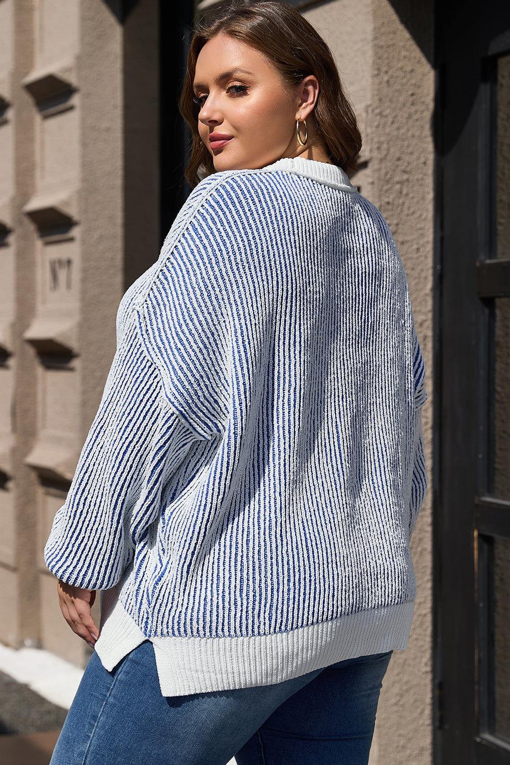 Dark Blue Striped Textured Knit Contrast Edge Loose Sweater Sweaters JT's Designer Fashion
