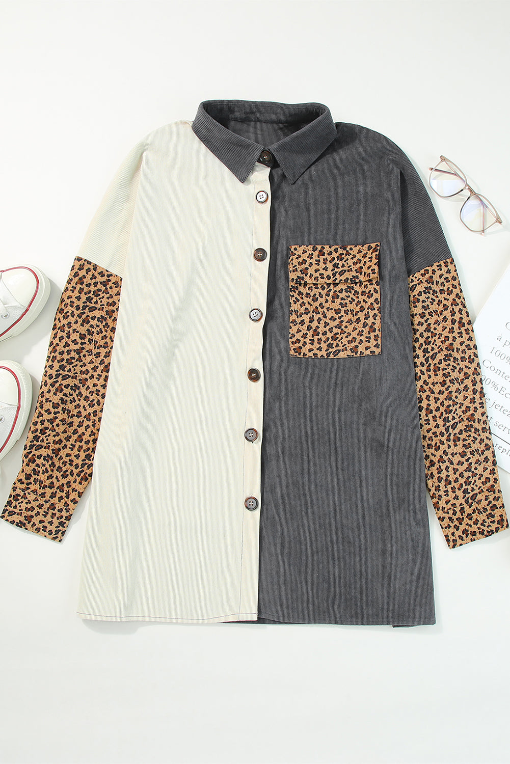 Gray Color Block Leopard Patched Corduroy Shacket Jackets JT's Designer Fashion