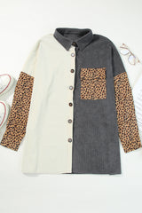 Gray Color Block Leopard Patched Corduroy Shacket Jackets JT's Designer Fashion