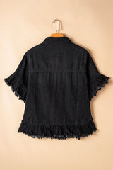 Black Raw Edge Ruffled Short Sleeve Denim Jacket Denim Jackets JT's Designer Fashion