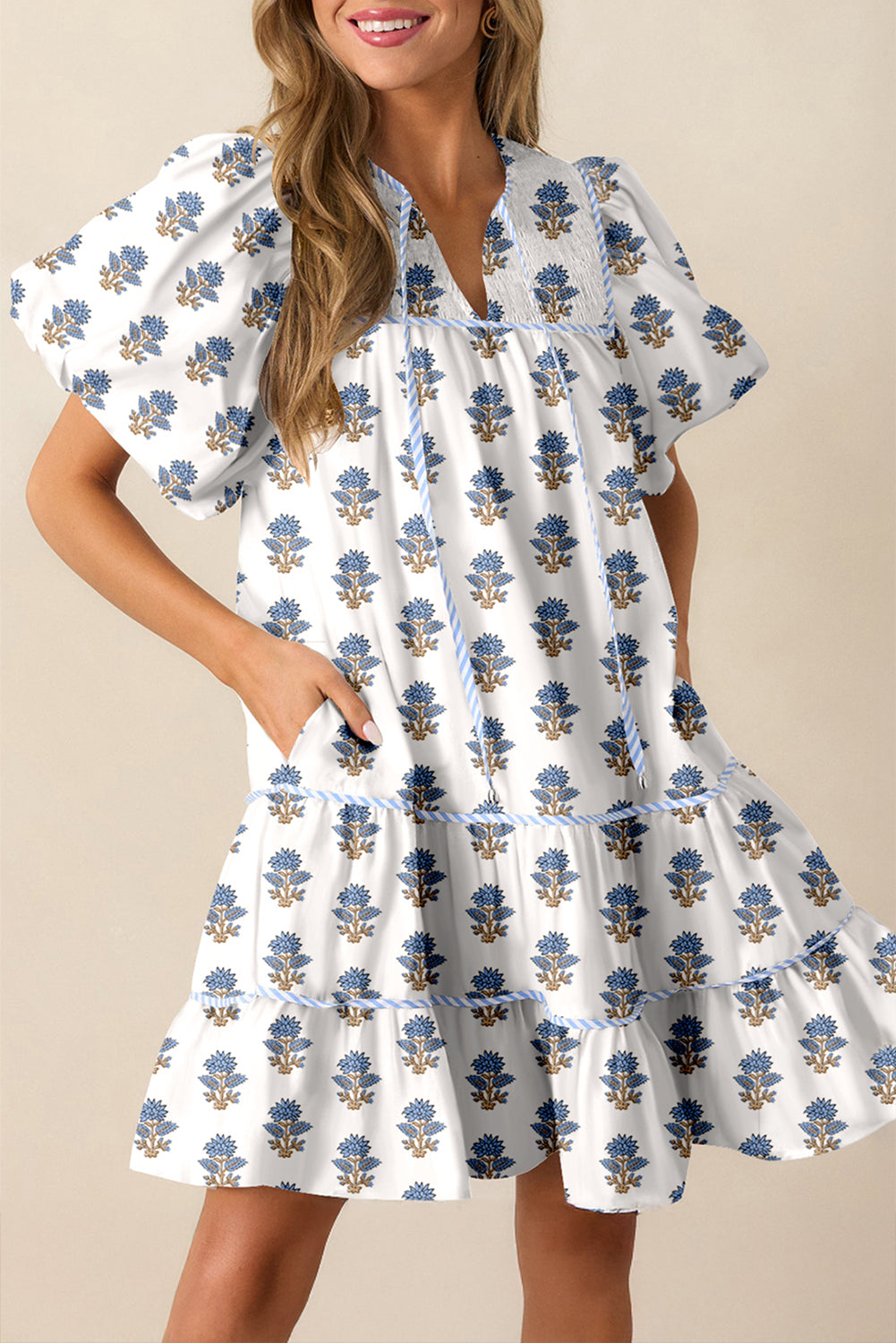 Sky Blue Floral Puff Sleeve Tied Neck Pocketed Mini Dress Sky Blue 100%Polyester Floral Dresses JT's Designer Fashion