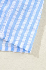 Sky Blue Stripe V Neck Bowknot Crop Tank and Shorts Set Short Sets JT's Designer Fashion
