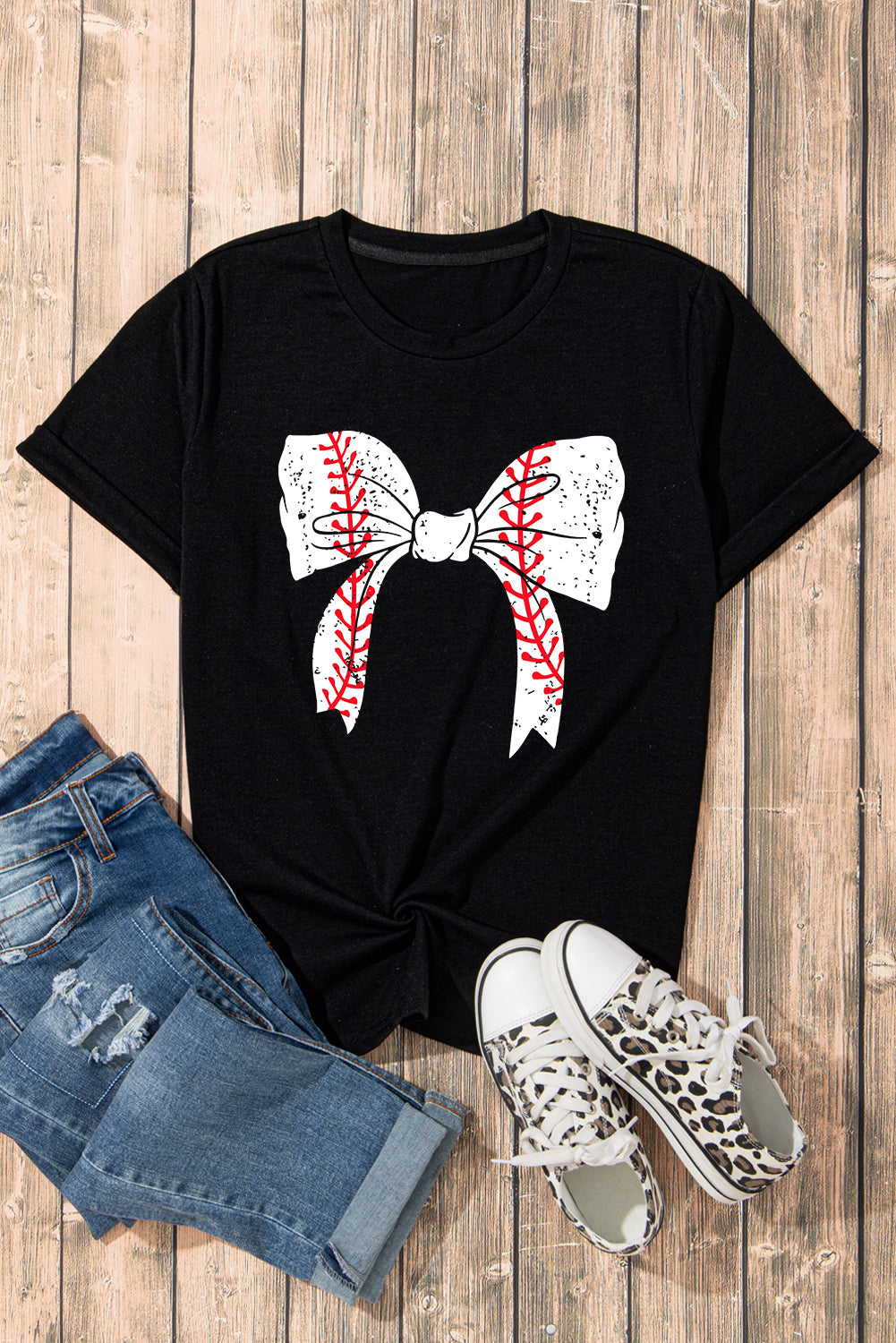 Black Baseball Bowknot Graphic Casual Tee Graphic Tees JT's Designer Fashion