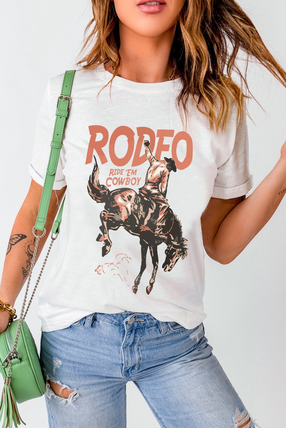 White RODEO Cowboy Graphic Crewneck T Shirt Graphic Tees JT's Designer Fashion
