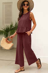 Red Dahlia Solid Color Ribbed Ruffle Tank Top and Pants Set Pant Sets JT's Designer Fashion