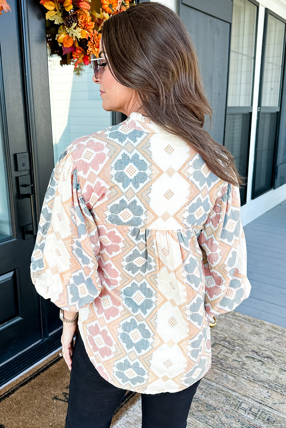Khaki Geometric Print Tassel Tie Split Neck Balloon Sleeve Blouse Blouses & Shirts JT's Designer Fashion