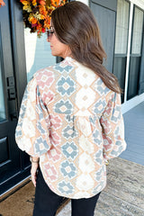 Khaki Geometric Print Tassel Tie Split Neck Balloon Sleeve Blouse Blouses & Shirts JT's Designer Fashion