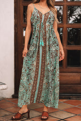 Green Floral Print V Neck Ruffled Trim Backless Tassel Waist Maxi Dress Floral Dresses JT's Designer Fashion