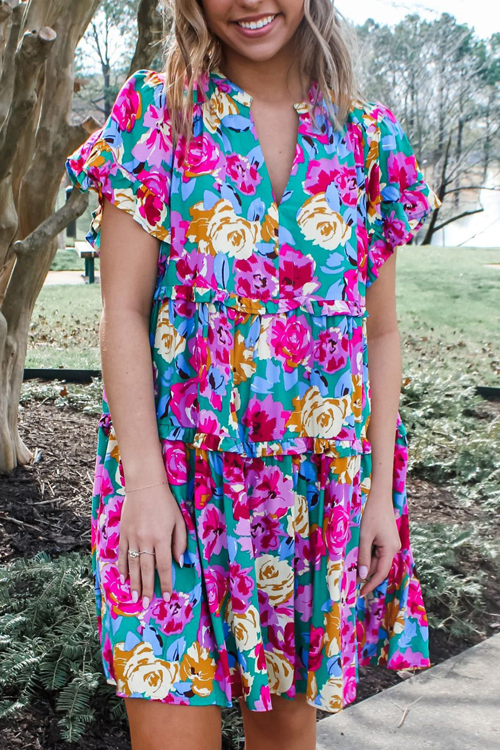Green Rose Floral Print Ruffled Short Dress Green 100%Polyester Floral Dresses JT's Designer Fashion