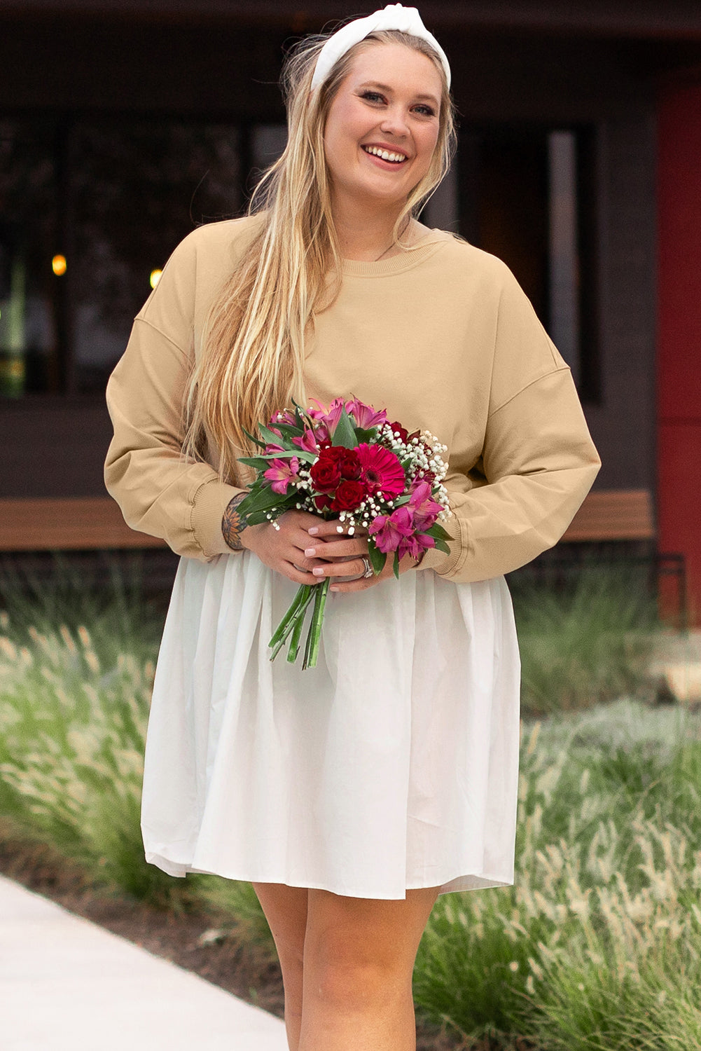 Apricot Color Block Patchwork Ruffled Plus Size Mini Dress Plus Size Mini Dresses JT's Designer Fashion