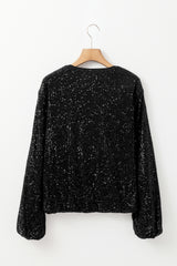 Black Sequin Zip up Round Neck Long Sleeve Jacket Jackets JT's Designer Fashion