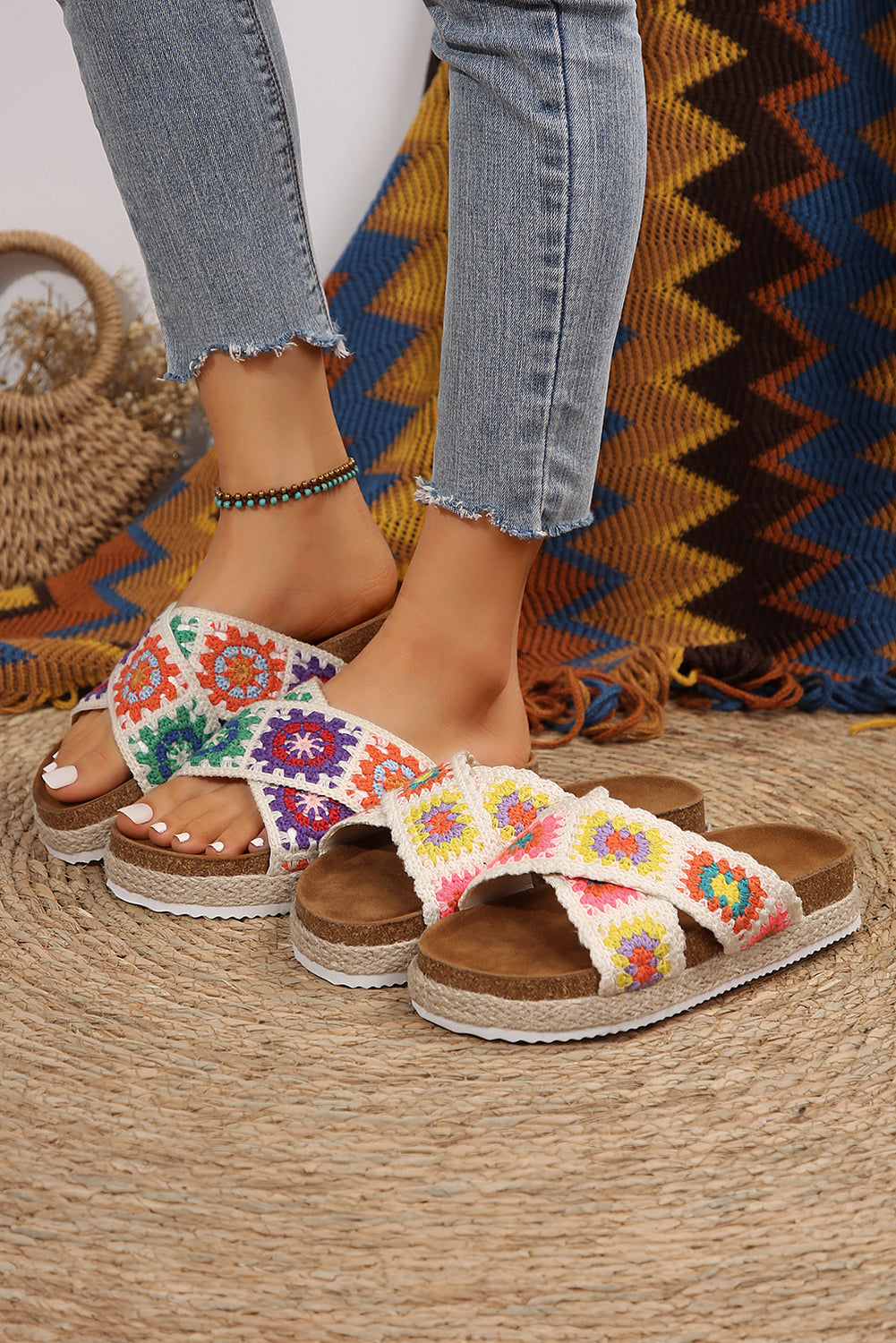White Geometric Woven Crisscross Strap Platform Slippers Slippers JT's Designer Fashion