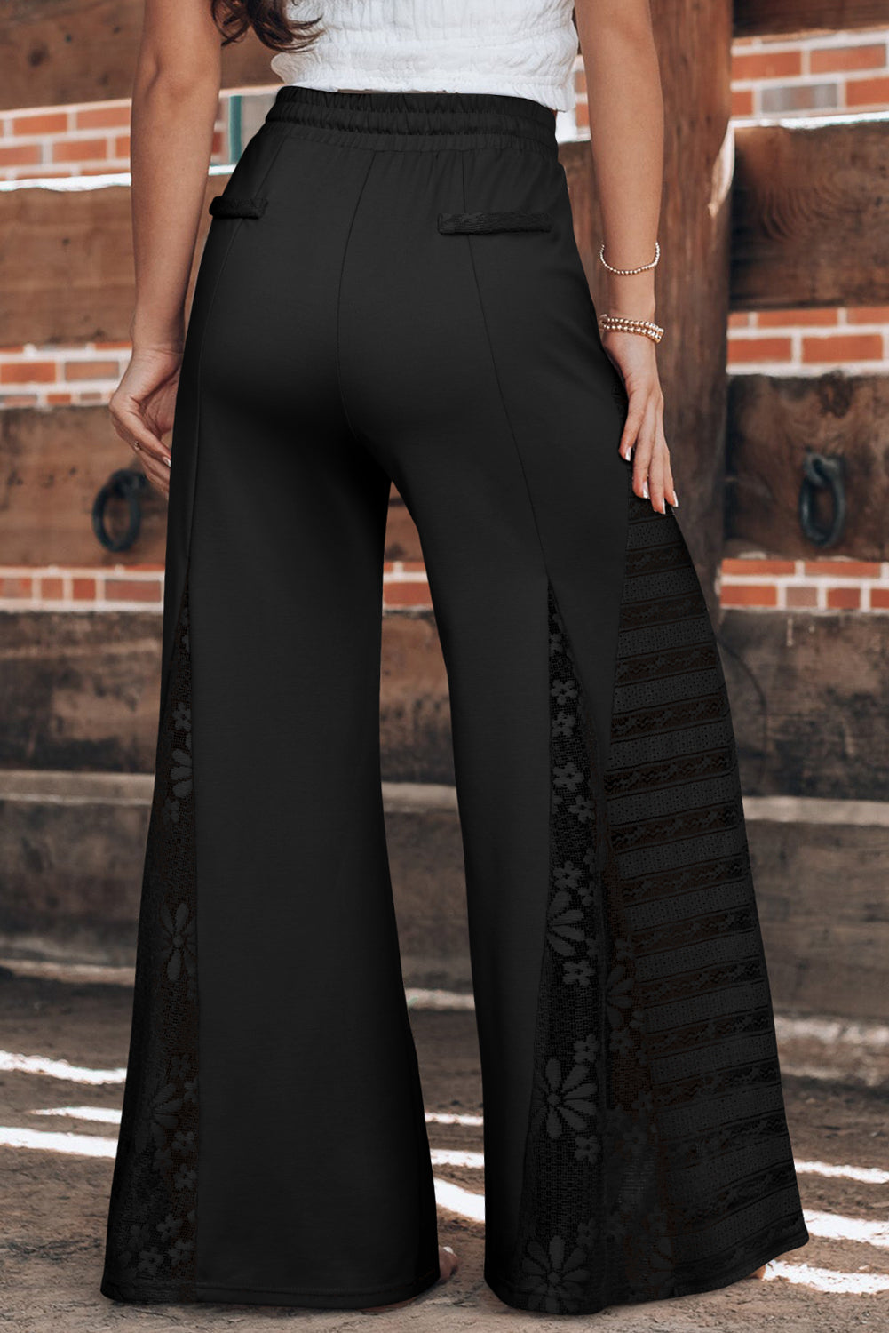 Black Boho Lace Patchwork Wide Leg High Waist Pants Pants & Culotte JT's Designer Fashion