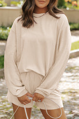 Parchment Corded Knit Long Sleeve Top and High Waist Shorts Set Parchment 75%Polyester+20%Viscose+5%Elastane Short Sets JT's Designer Fashion
