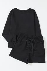 Black Textured Long Sleeve Top and Drawstring Shorts Set Short Sets JT's Designer Fashion
