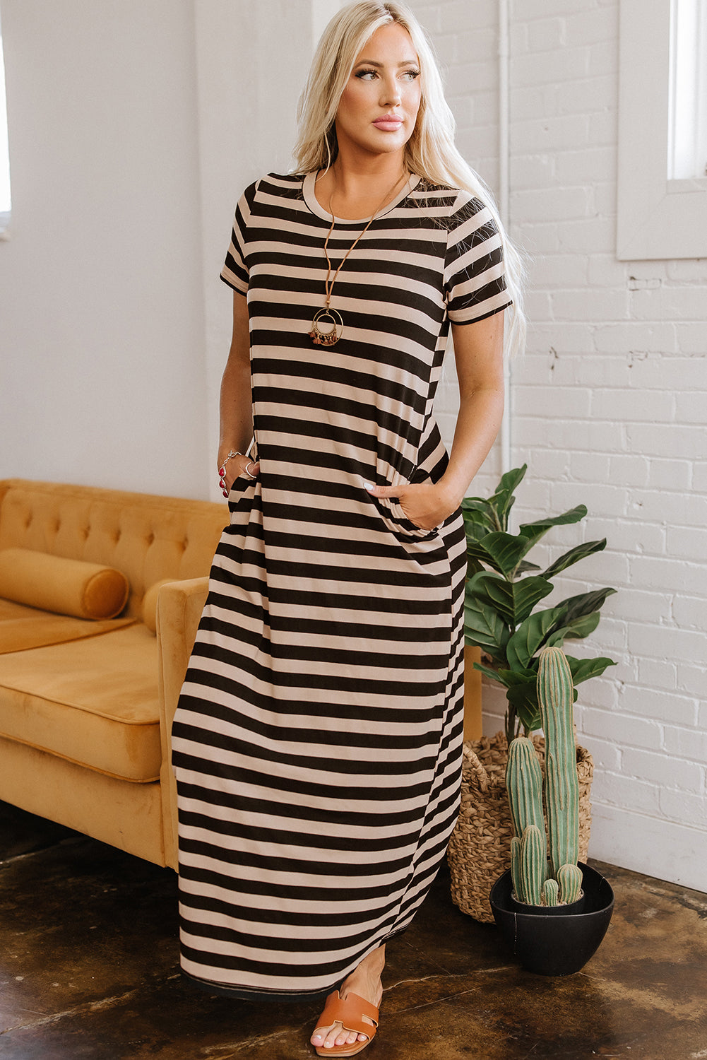 Black Stripe Casual Round Neck T-shirt Maxi Dress with Pockets T Shirt Dresses JT's Designer Fashion
