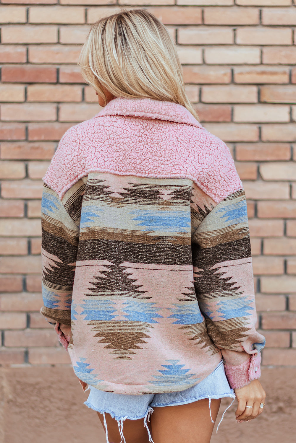 Pink Western Aztec Print Sherpa Splicing Buttoned Flap Pocket Coat Jackets JT's Designer Fashion