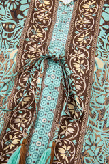 Green Floral Print V Neck Ruffled Trim Backless Tassel Waist Maxi Dress Floral Dresses JT's Designer Fashion