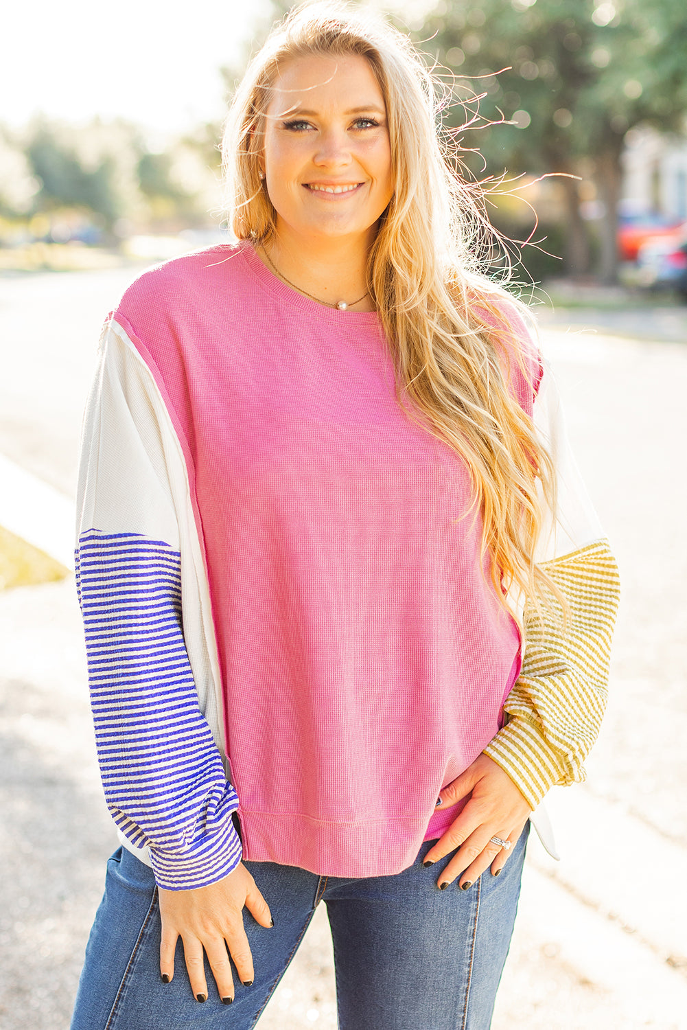 Rose Red Colorblock Patchwork Striped Puff Sleeve Plus Size Top with Slits Plus Size Long Sleeve Tops JT's Designer Fashion