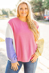 Rose Red Colorblock Patchwork Striped Puff Sleeve Plus Size Top with Slits Plus Size Long Sleeve Tops JT's Designer Fashion