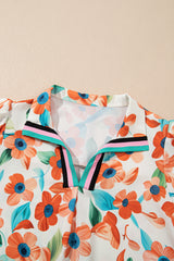 Orange Contrast Trim Floral Split Neck Puff Short Sleeve Tiered Mini Dress Floral Dresses JT's Designer Fashion