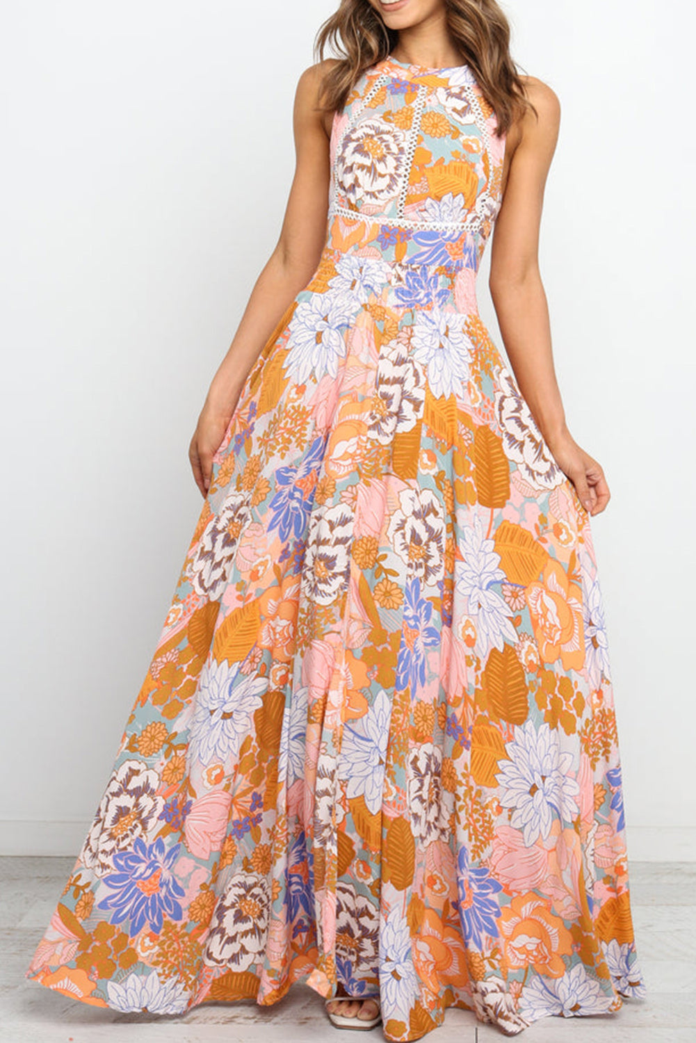 Orange Boho Floral Backless Lace up Sleeveless Maxi Dress Dresses JT's Designer Fashion