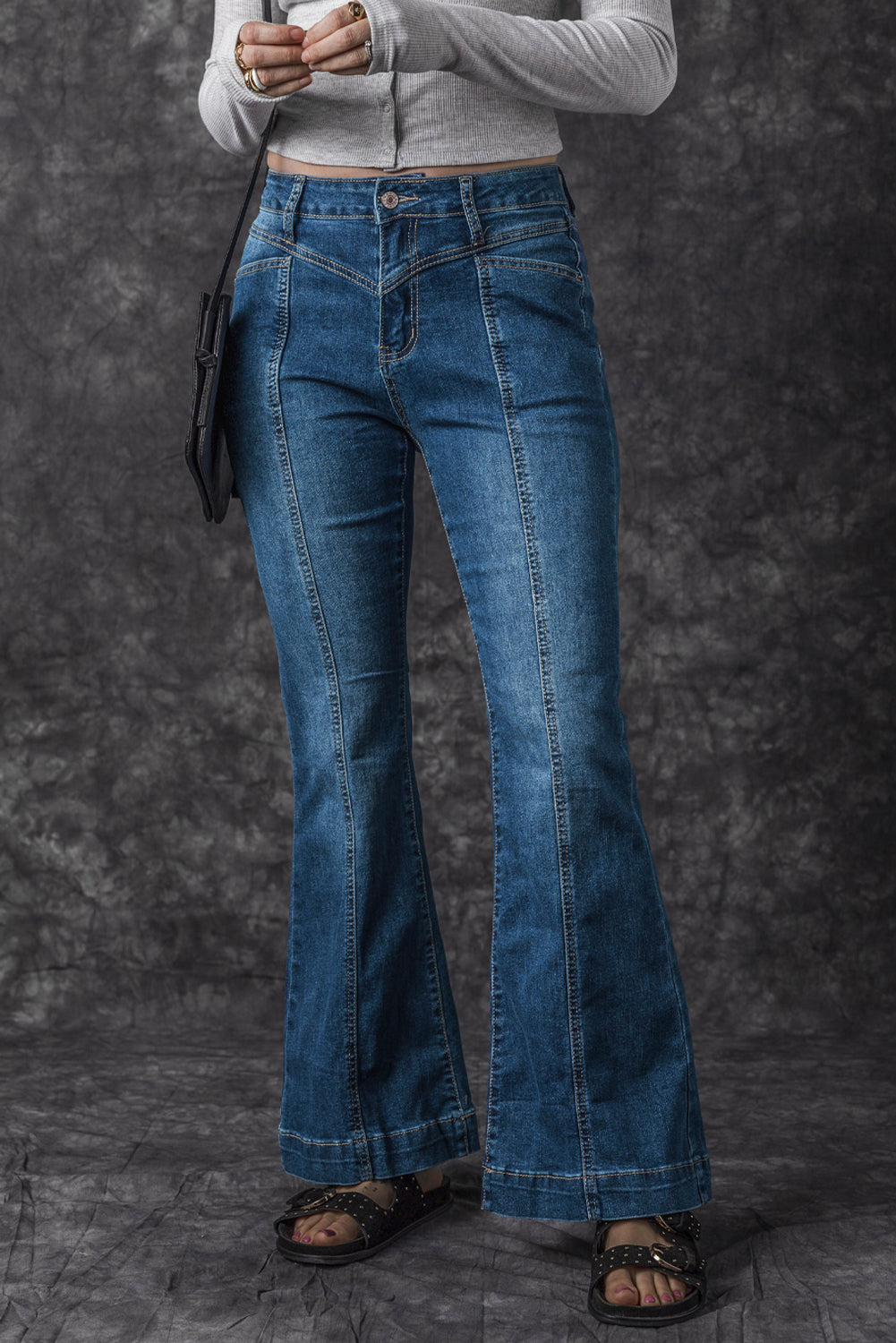 Blue High Waist Seam Stitching Pocket Flare Jeans Jeans JT's Designer Fashion