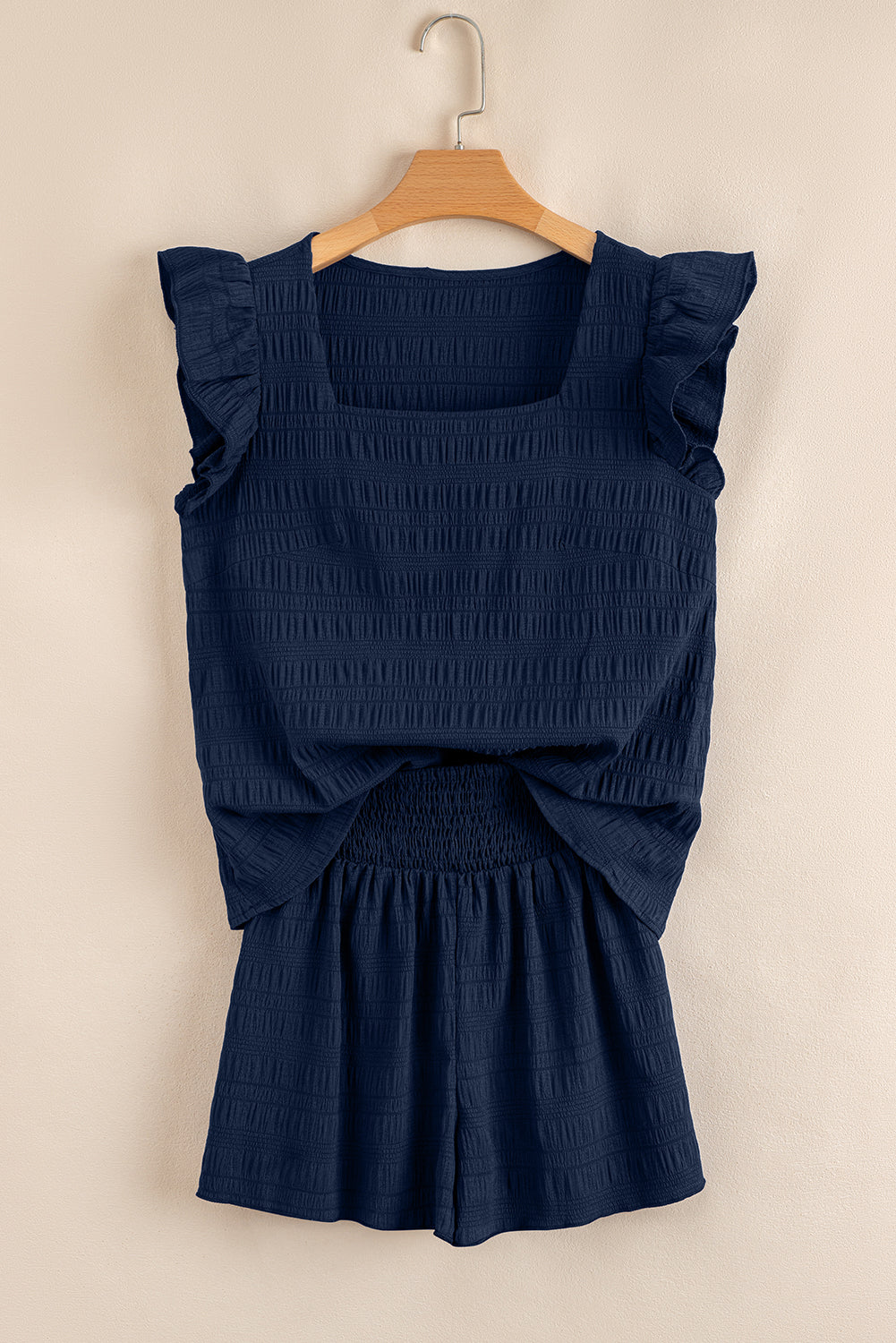 Dirty blue Textured Square Neck Top and Shirred High Waist Shorts Set Short Sets JT's Designer Fashion