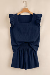 Dirty blue Textured Square Neck Top and Shirred High Waist Shorts Set Short Sets JT's Designer Fashion