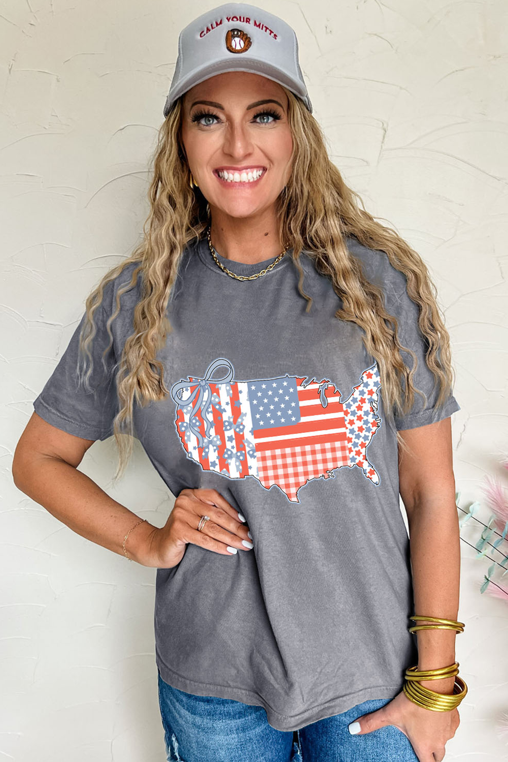 Gray American Flag Bow Map Graphic Tee Graphic Tees JT's Designer Fashion
