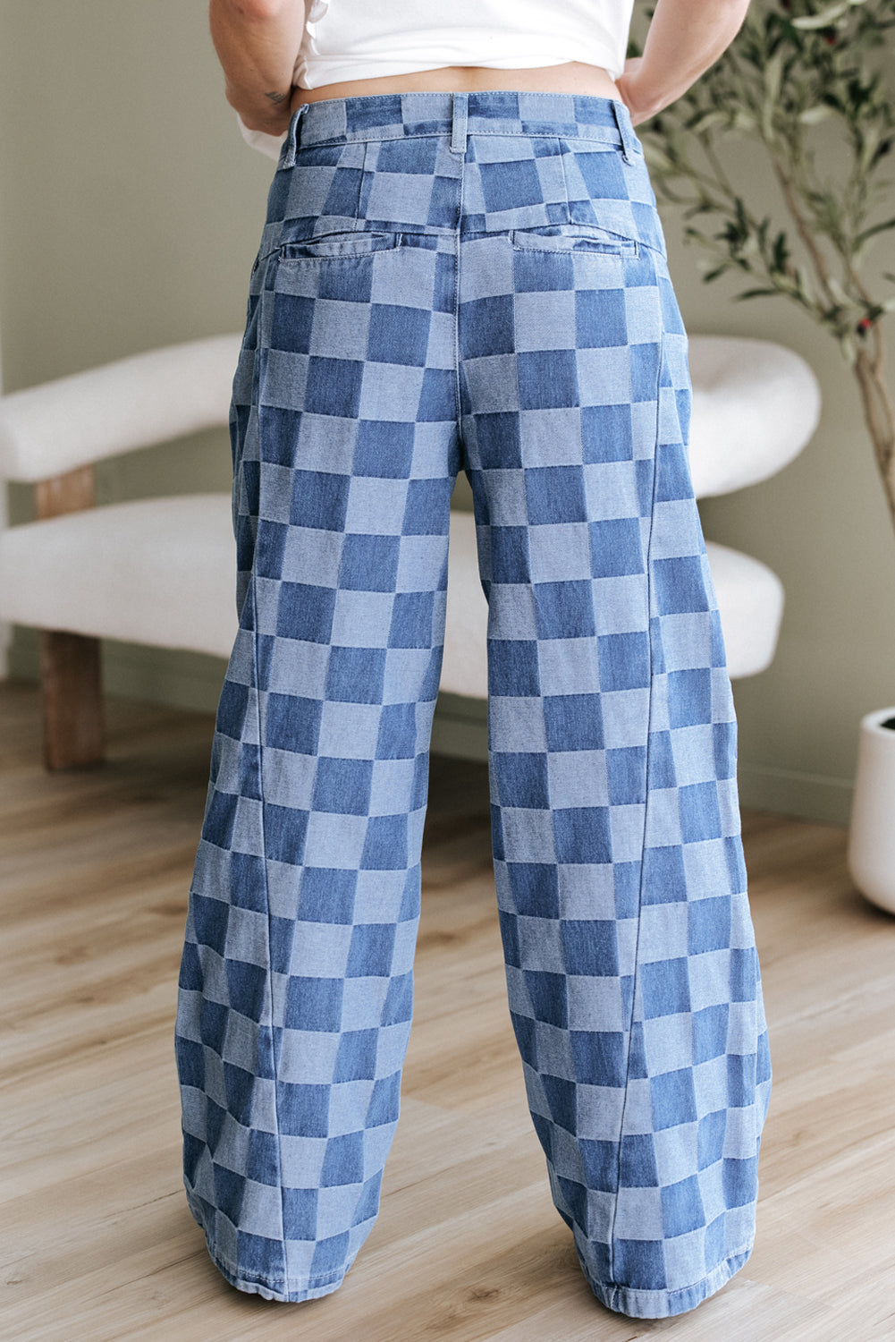 Dusk Blue Checkered Denim Wide Leg Jeans Jeans JT's Designer Fashion