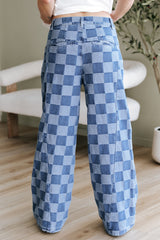 Dusk Blue Checkered Denim Wide Leg Jeans Jeans JT's Designer Fashion