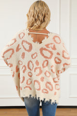 Leopard Animal Print Distressed Trim Fuzzy Sweater Sweaters & Cardigans JT's Designer Fashion