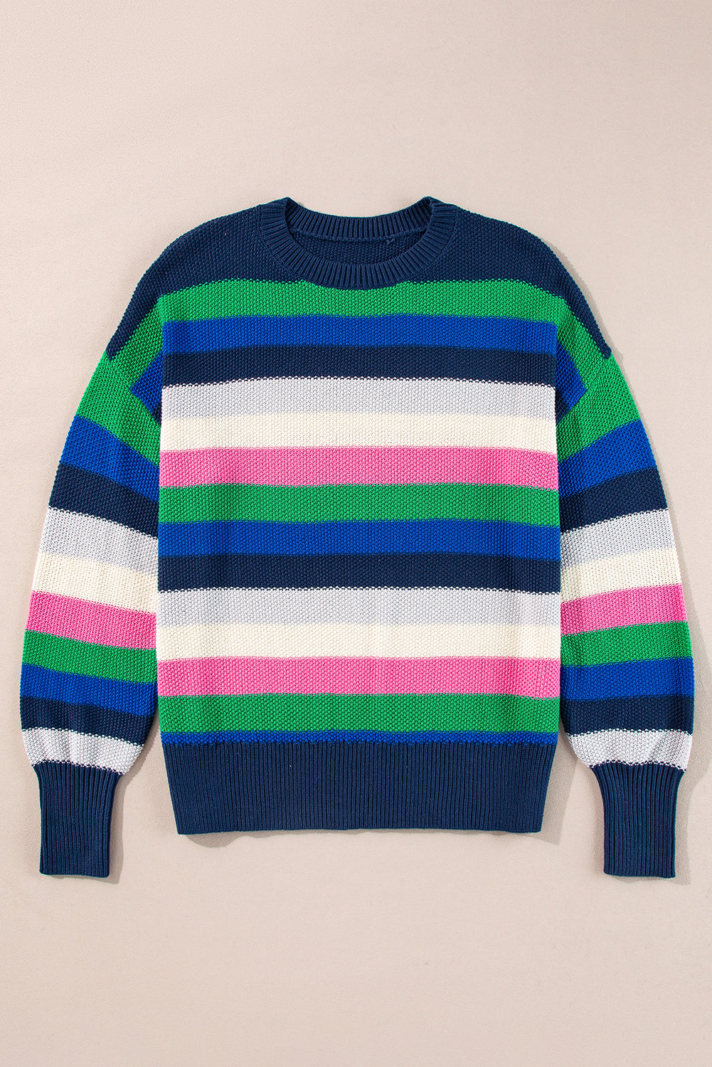 Bright Green Rainbow Striped Crew Neck Drop Shoulder Sweater Sweaters JT's Designer Fashion